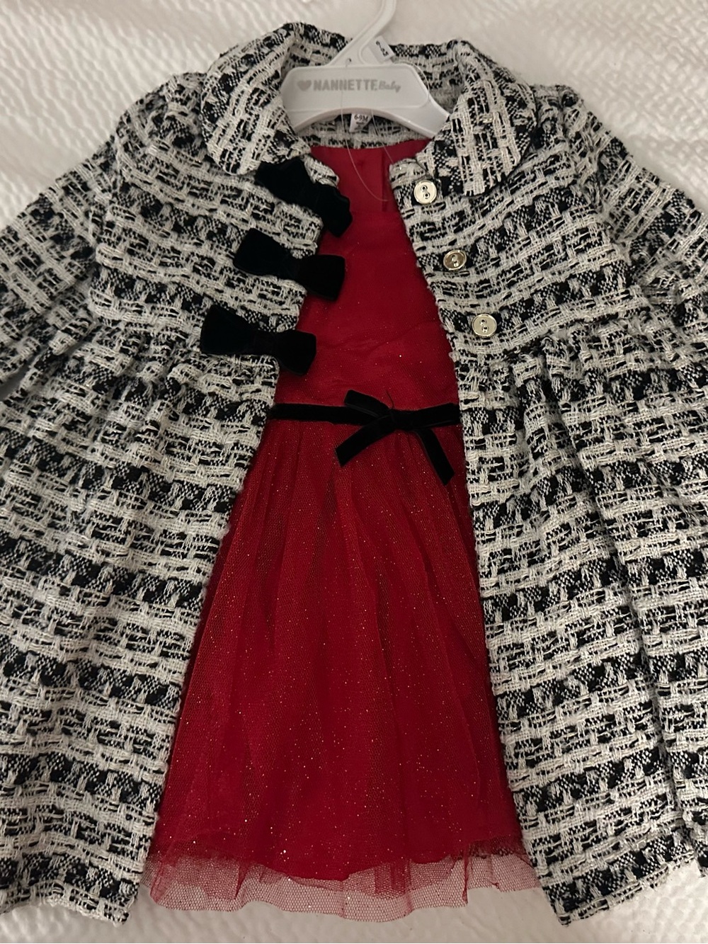 Nanette Baby Red Glitter Tulle Dress with Black & White Tweed Coat Set